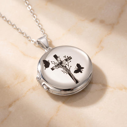 Personalized Birth Flower Cross Locket Necklace with Photo photo 1