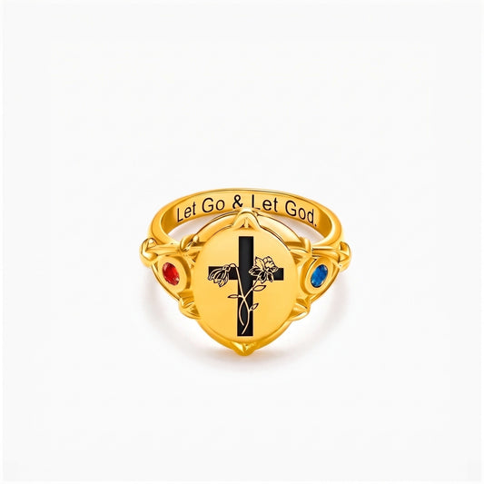 engraved cross signet ring with birth flowers birthstones
