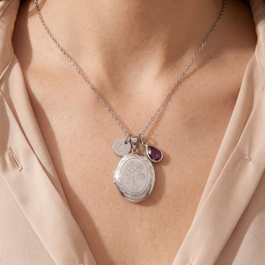 Collier médaillon personnalisé avec fleur de naissance et pierre de naissance