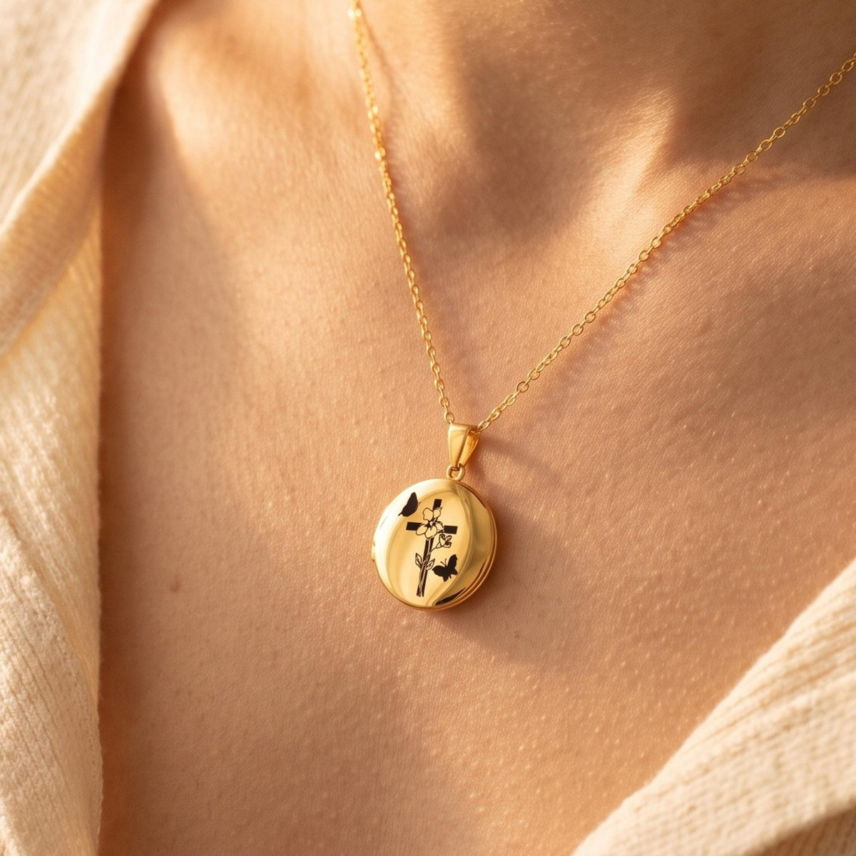 Personalized Birth Flower Cross Locket Necklace with Photo photo 4
