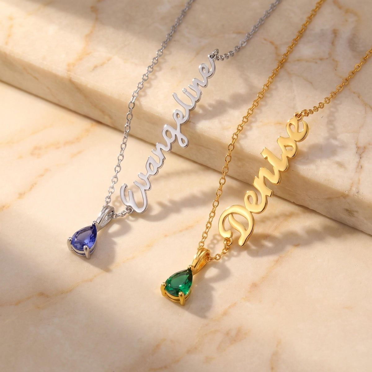 Personalized Sideways Name Necklace with Teardrop Birthstone photo 4