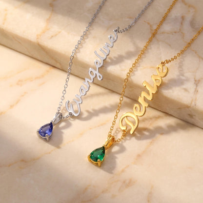 Personalized Sideways Name Necklace with Teardrop Birthstone photo 4