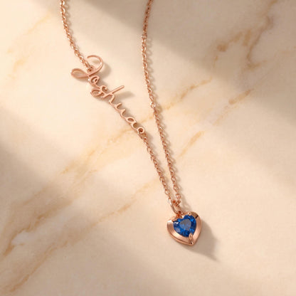 Sideways name necklace with heart birthstone photo 6
