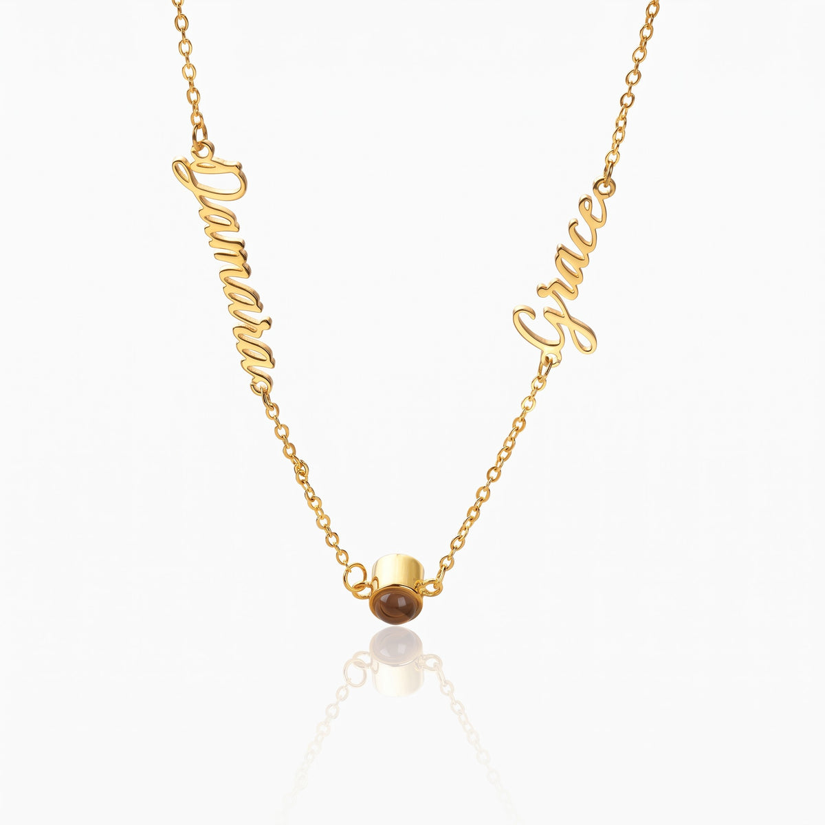 sideways name photo projection necklace