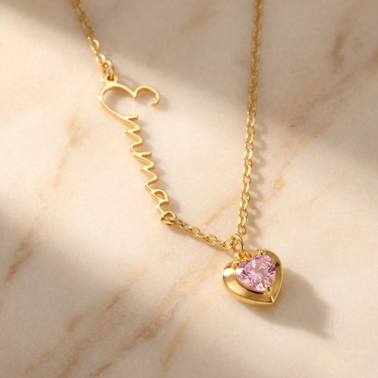 Sideways name necklace with heart birthstone photo 1