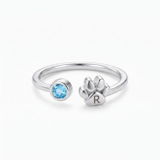 custom initial engraved tiny paw with birthstone ring
