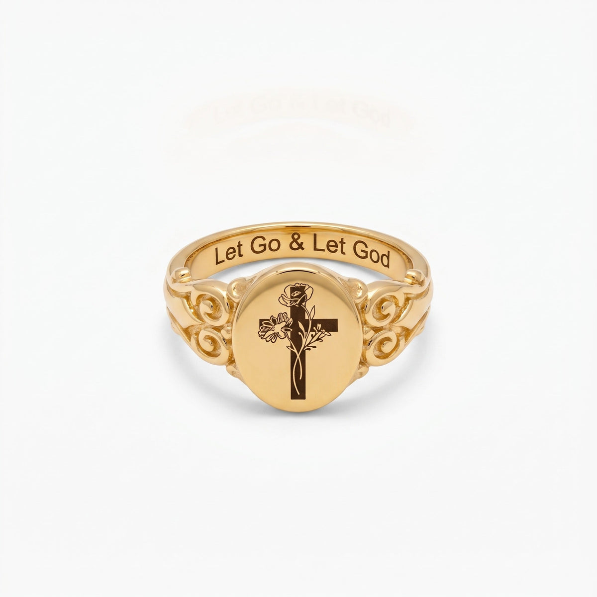 custom birth flower bouquet cross ring with personalized inner engraving custom religious cross signet style ring christian catholic rings