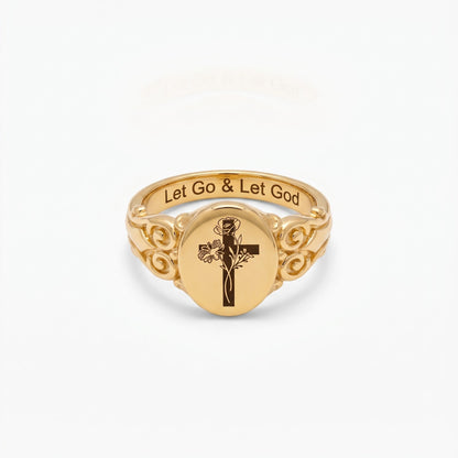 custom birth flower bouquet cross ring with personalized inner engraving custom religious cross signet style ring christian catholic rings