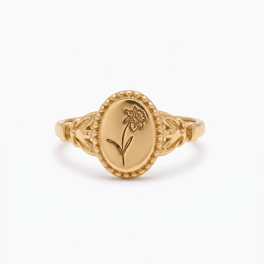 personalized vintage birthflower signet ring
