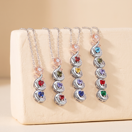 Custom Birthstone Necklace with Name & 3D Rose Pendant
