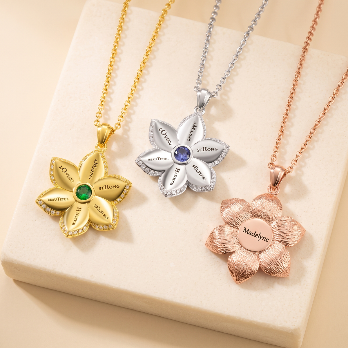 Personalized Star of Bethlehem Flower Birthstone Necklace