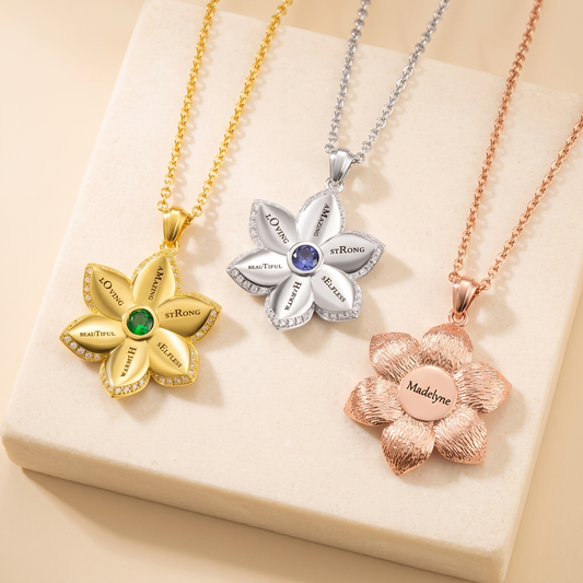 Personalized Star of Bethlehem Flower Birthstone Necklace