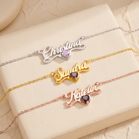 Personalized Name Necklace with Heart Birthstone