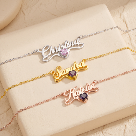 Personalized Name Necklace with Heart Birthstone