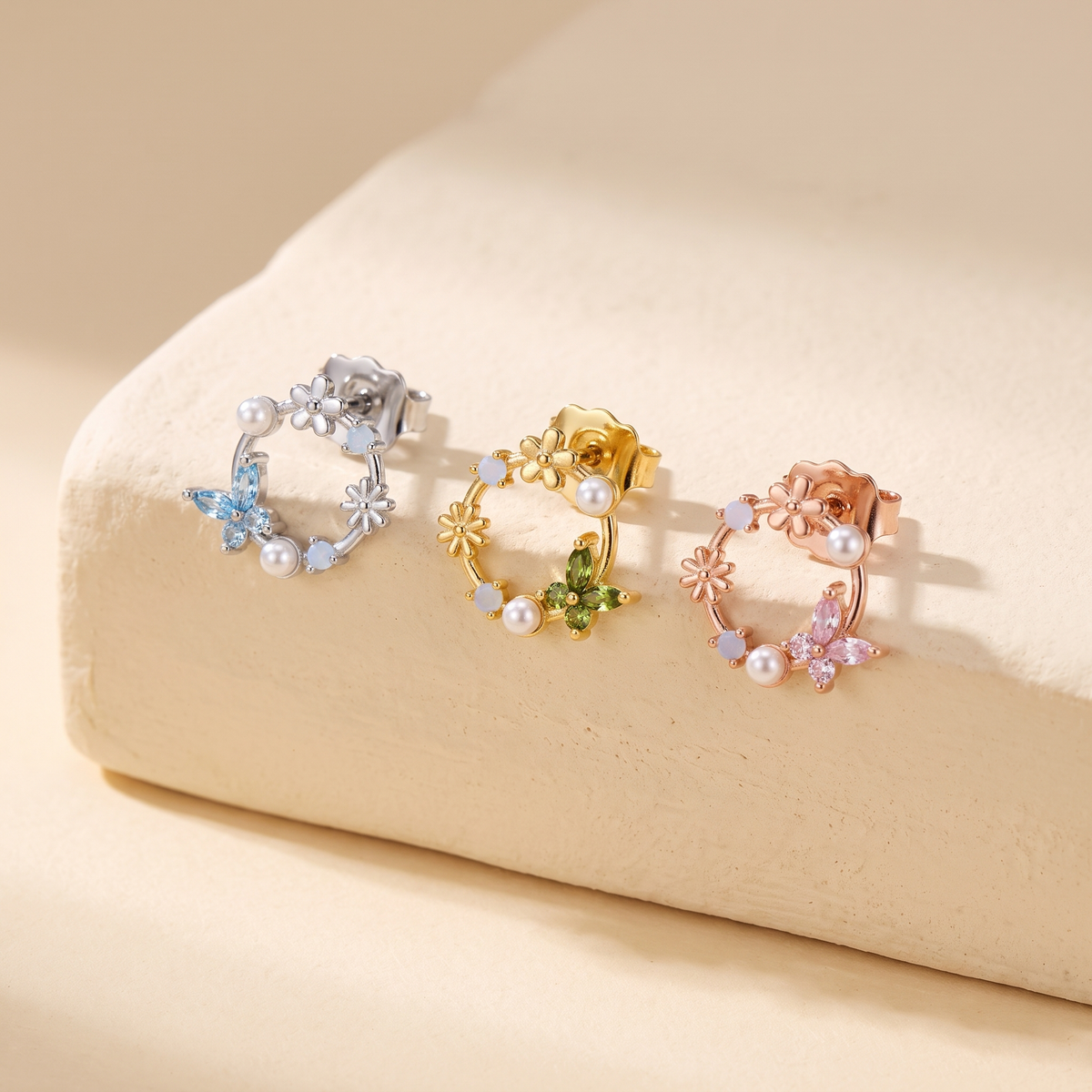Butterfly Birthstone Pearl Floral Stud Earrings