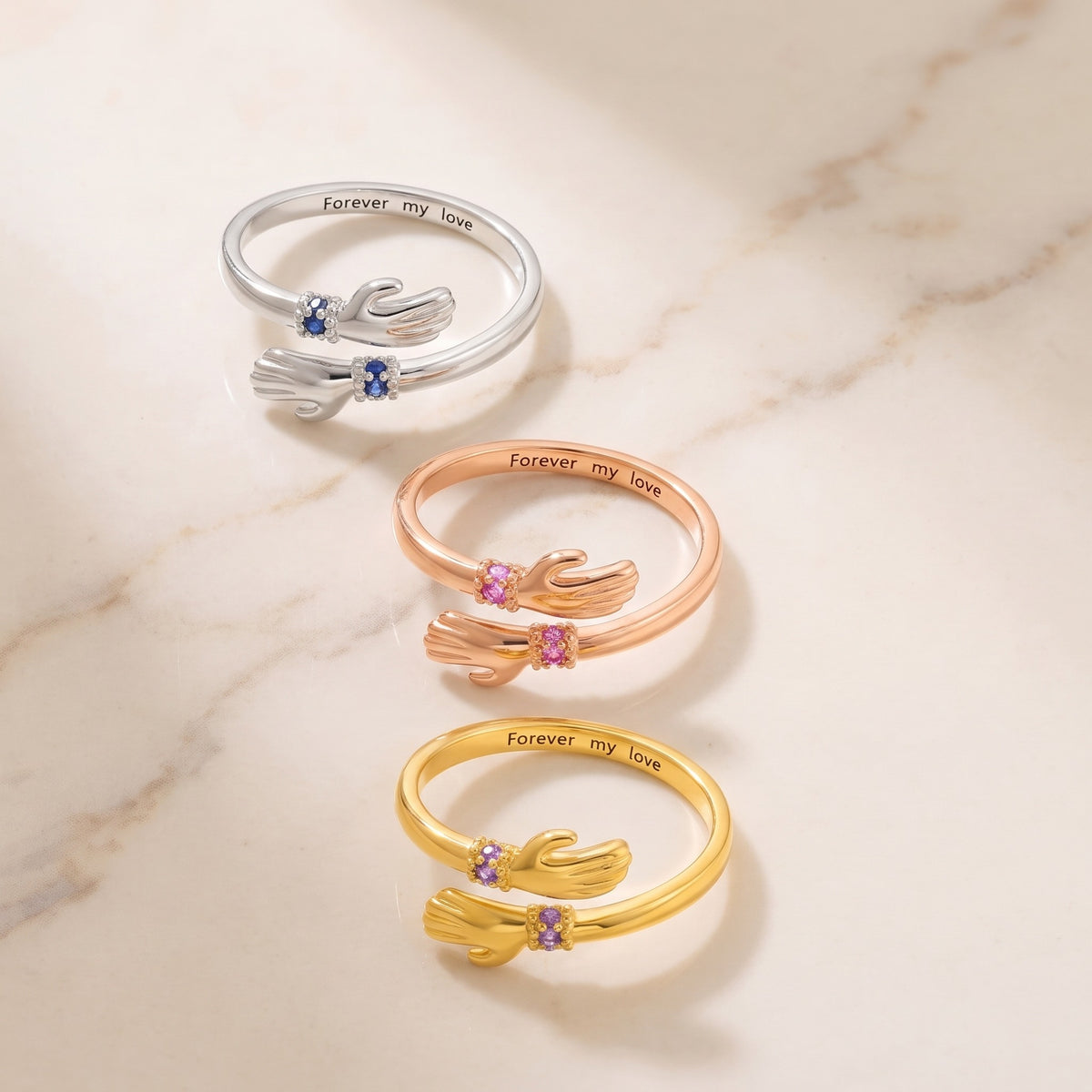 Personalized Birthstone Hug Ring with Inner Engraving, three finishes with the inner engraving Forever my love