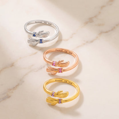 Personalized Birthstone Hug Ring with Inner Engraving, three finishes with the inner engraving Forever my love