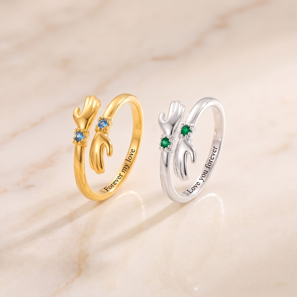 Personalized Birthstone Hug Ring with Inner Engraving, gold and silver pair with engraving inside the bands