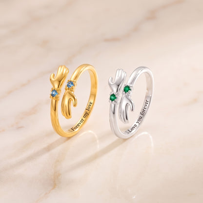 Personalized Birthstone Hug Ring with Inner Engraving, gold and silver pair with engraving inside the bands