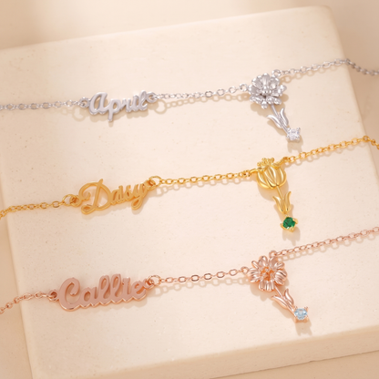 Personalized Sideway Name Necklace with Birthstone & Flower