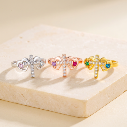 Engraved Double Birthstone Hearts Cross Ring