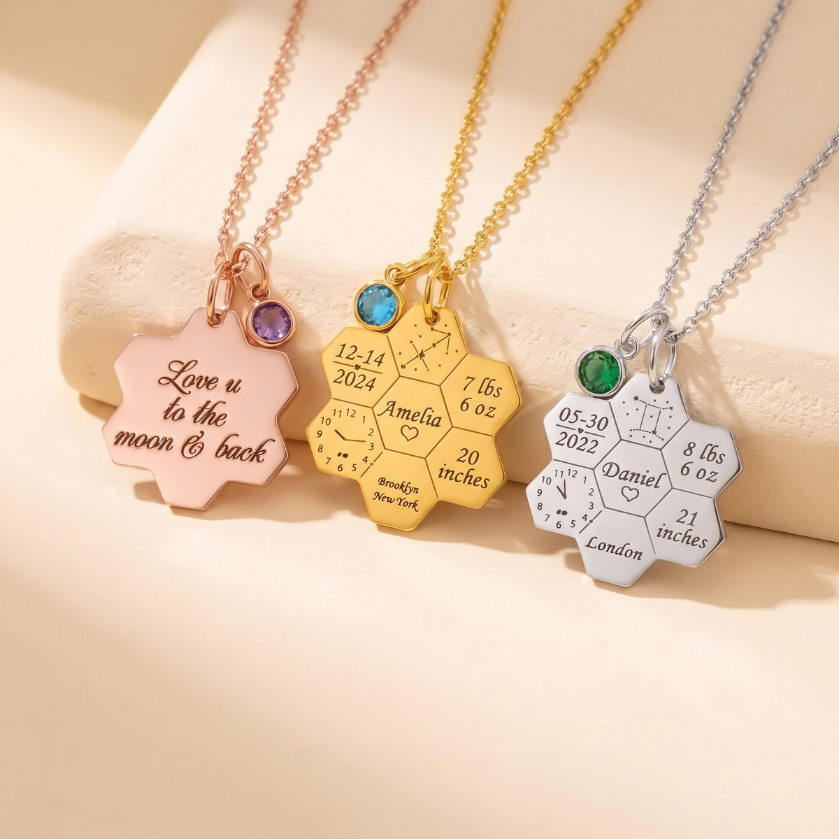 Honeycomb Baby Birth Stats Necklace with Birthstone