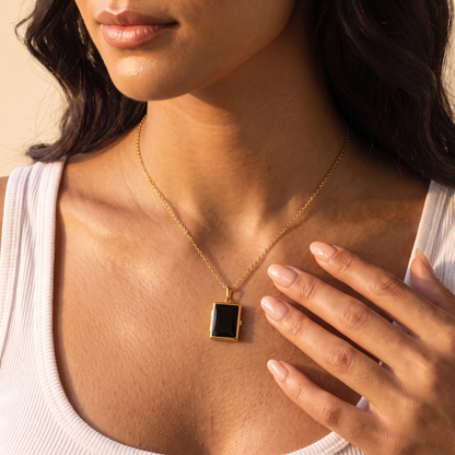Enamel Rectangle Memorial Photo Locket Necklace
