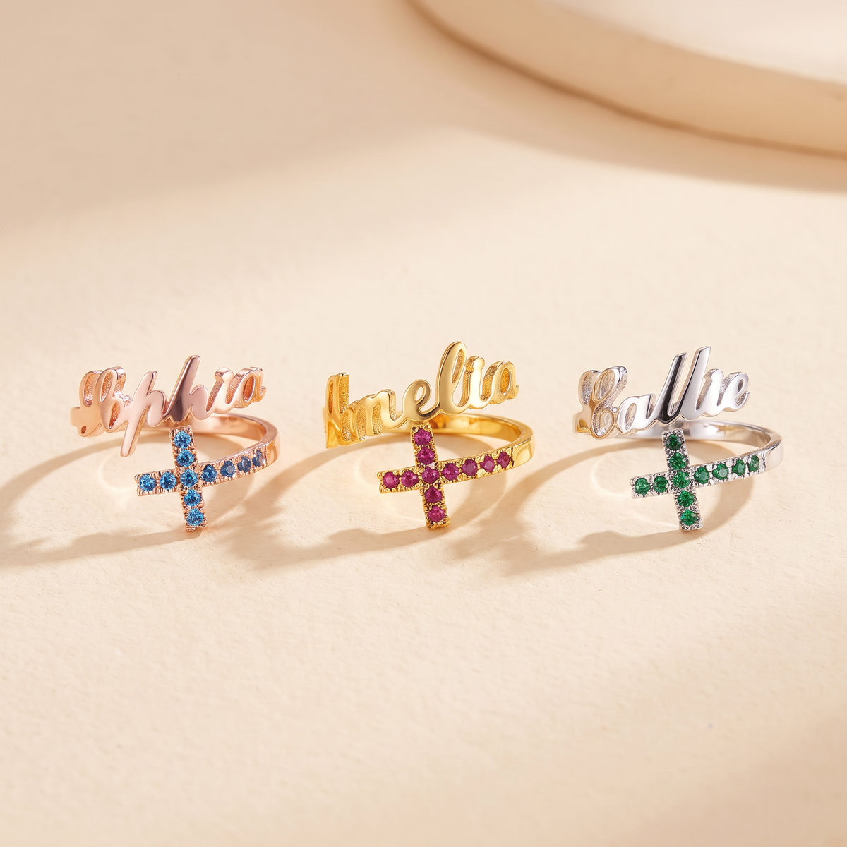 Name Cross Ring with Custom Birthstones