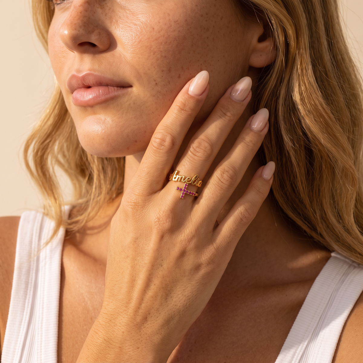 Name Cross Ring with Custom Birthstones