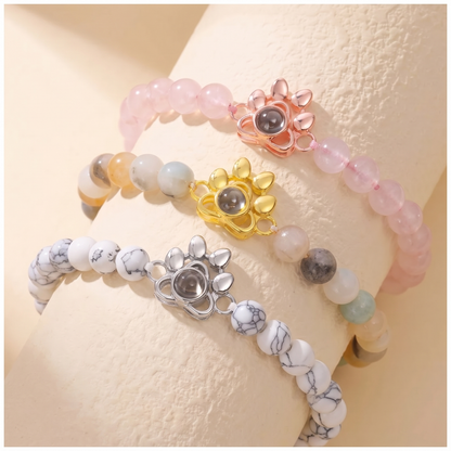 Custom Paw Print Photo Projection Bracelet with Stone Beads