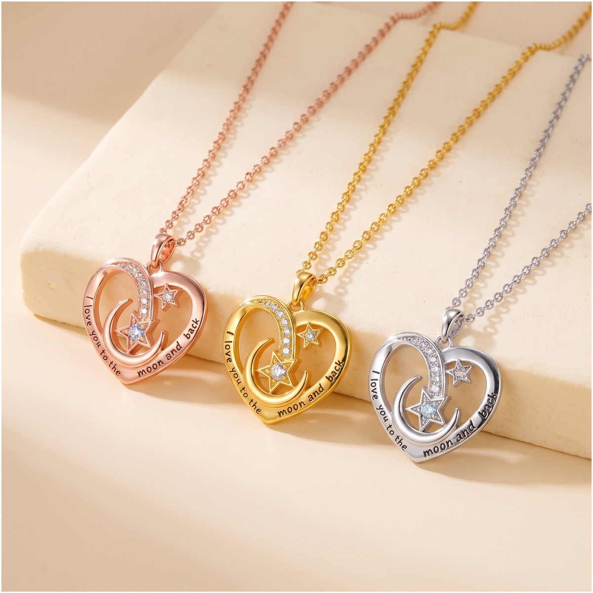 Personalized Engraved Moon & Star Heart Necklace
