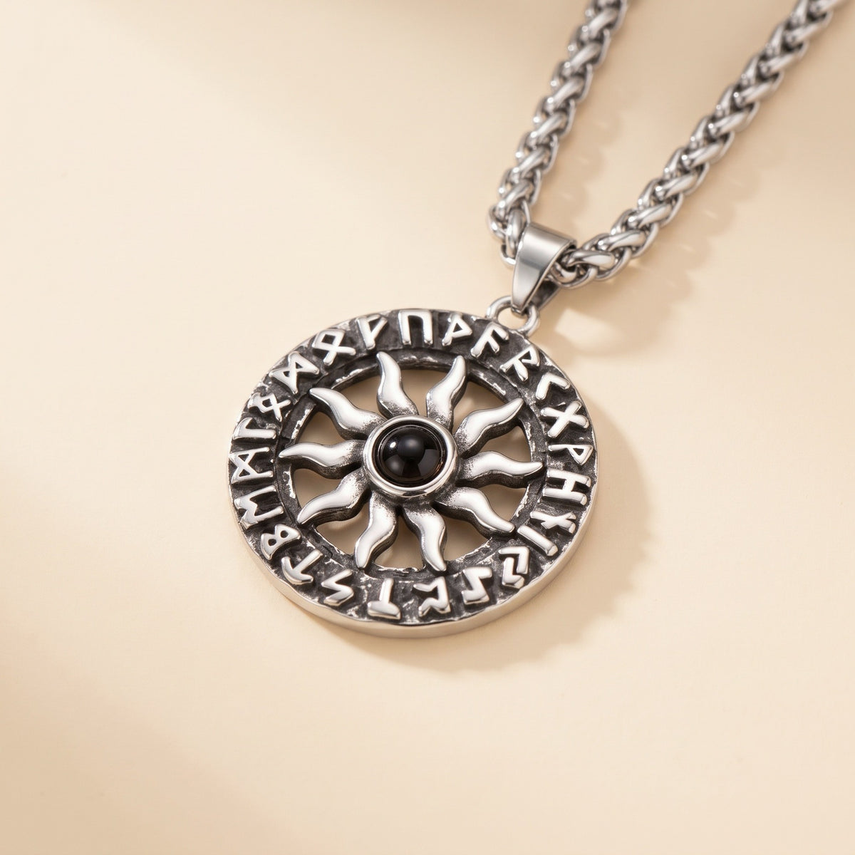 Custom Sun Photo Projection Necklace, cream flat lay close-up of the sun pendant