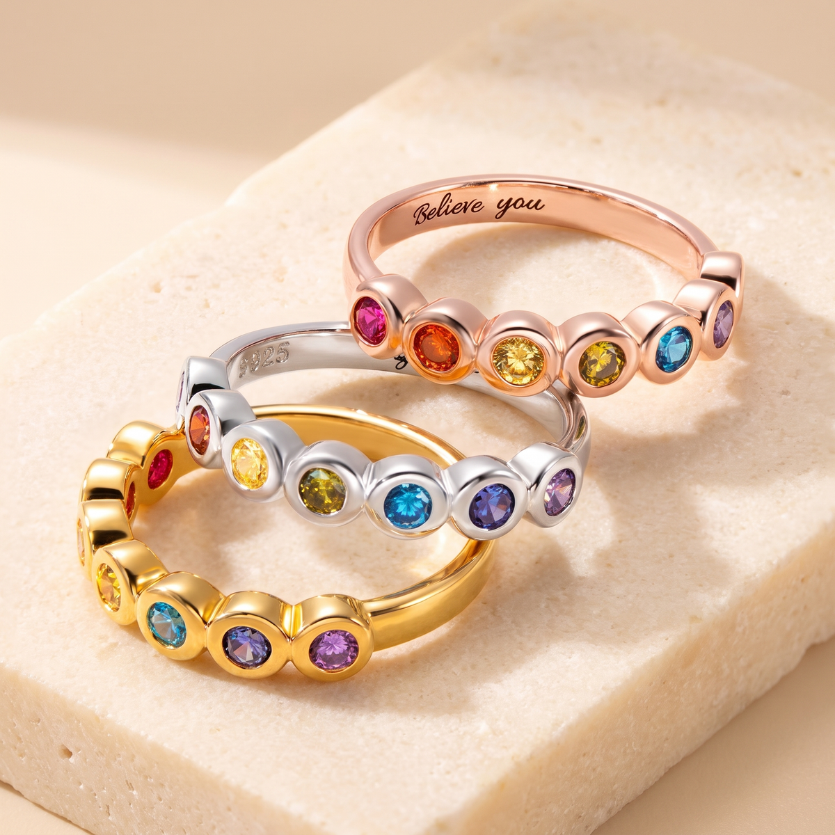 Multistone Rainbow Ring with Inner Engraving