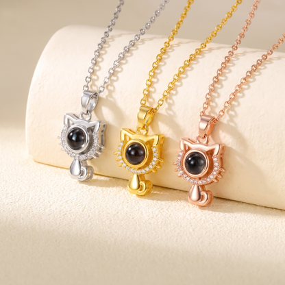 Photo Projection Cat Pendant Necklace with Cubic Zirconia