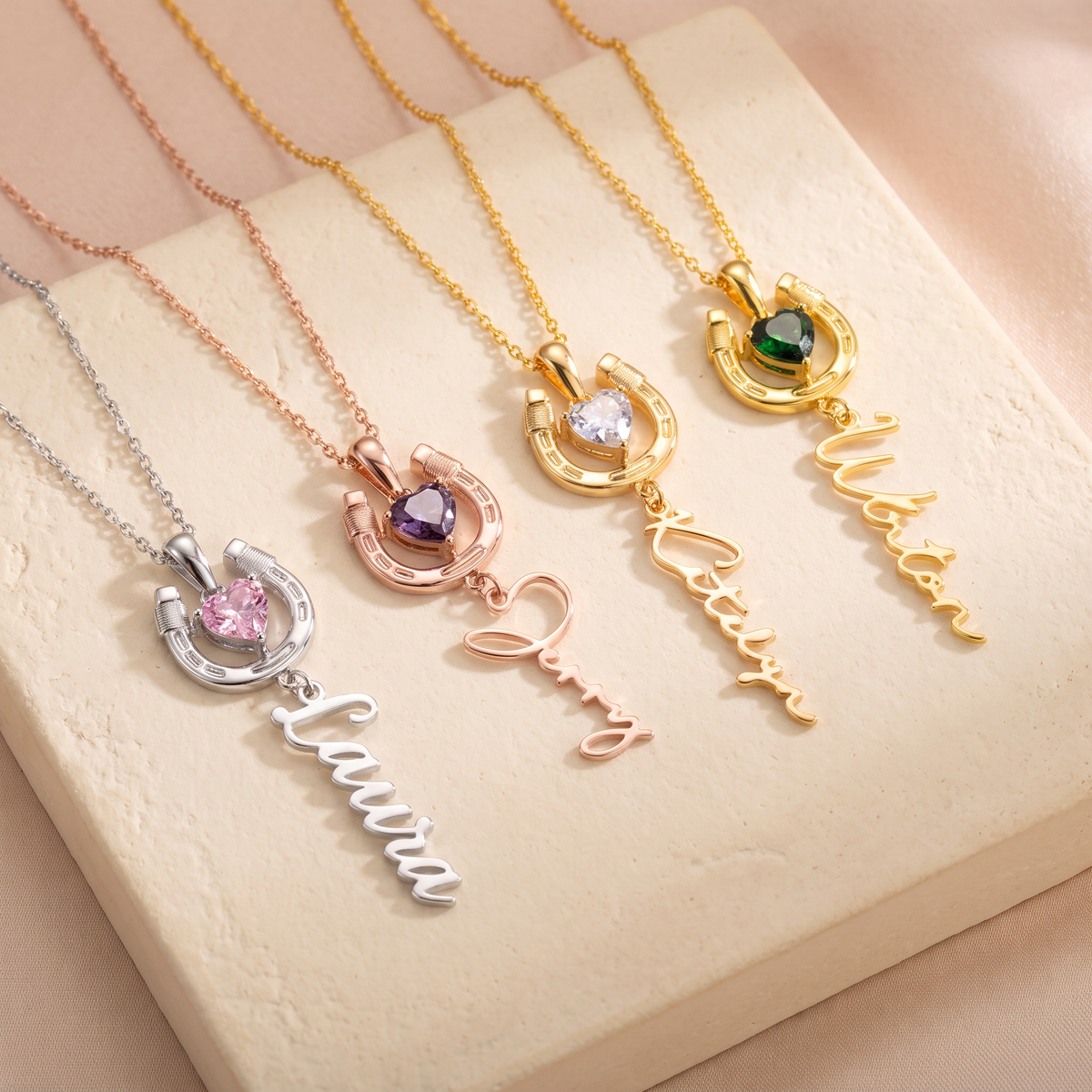 Name Horseshoe Necklace with Heart Birthstone