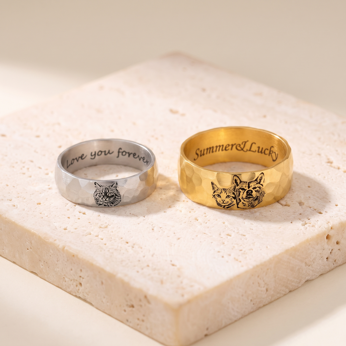 Custom Engraved Pet Portrait Hammered Ring with Inner Engraving