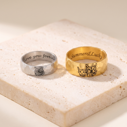 Custom Engraved Pet Portrait Hammered Ring with Inner Engraving