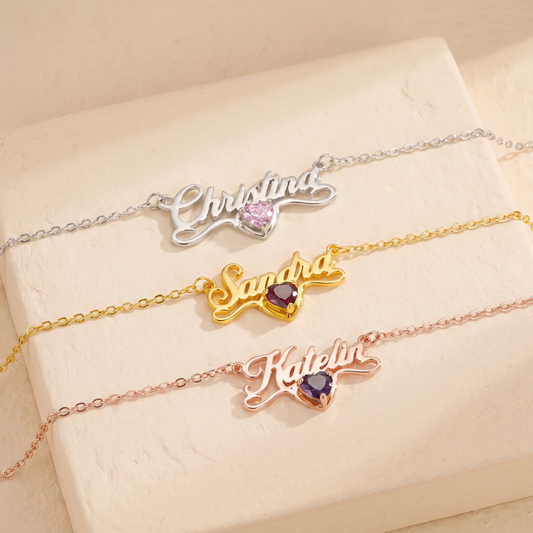 Custom Name Necklace with Heart Birthstone