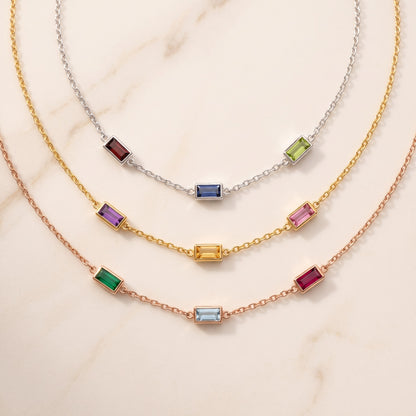 Personalized Square Birthstones Necklace, flat lay in silver, gold and rose gold, a different birthstone on each