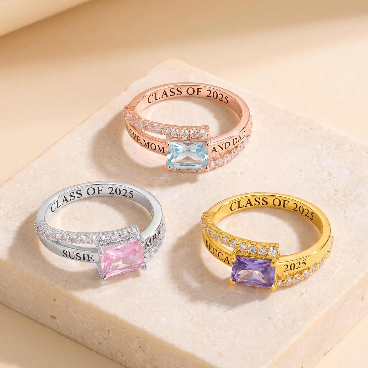 Personalized Square Birthstone Graduation Ring