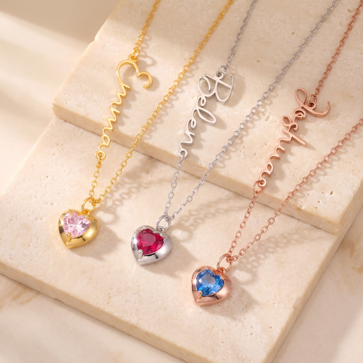 Sideway Name Necklace with Heart Birthstone