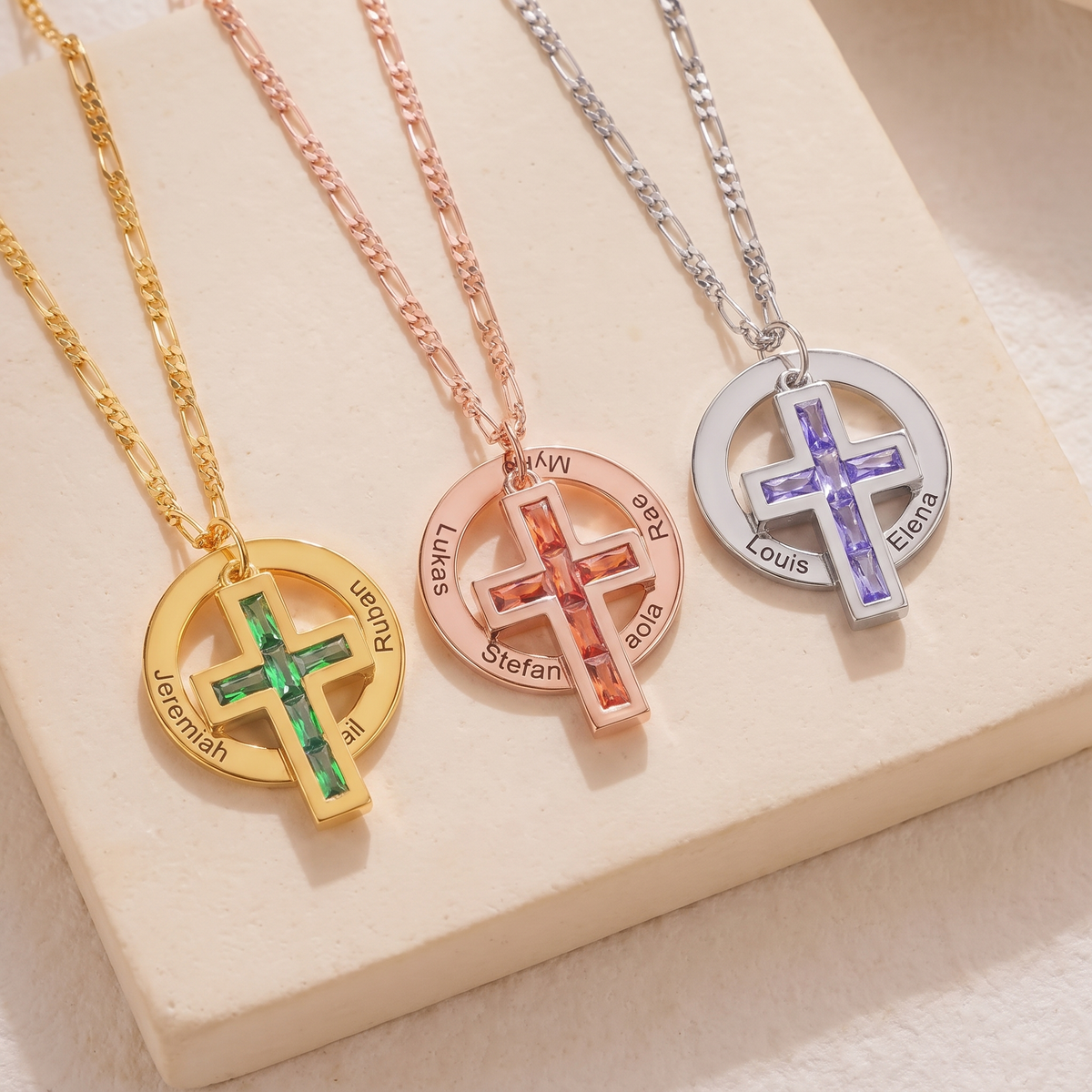 Circle Family Cross Necklace with Birthstone & Names
