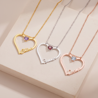 Custom Name Heart Necklace with Birthstone, Ring Holder Necklace