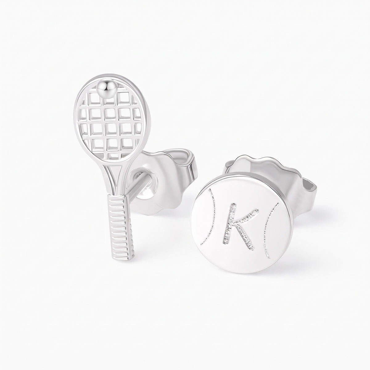 custom tiny tennis ball racket stud earrings with engraved initial