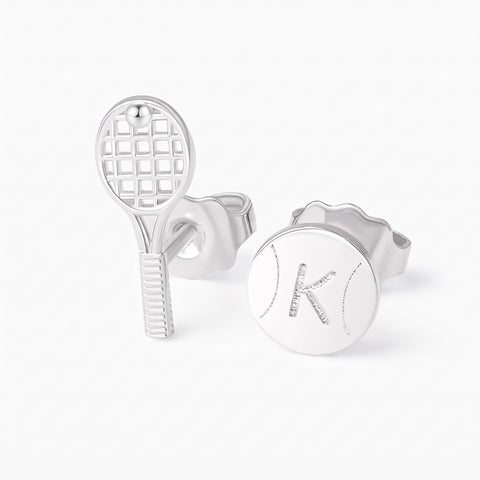 Custom Tiny Tennis Ball & Racket Stud Earrings with Engraved Initial