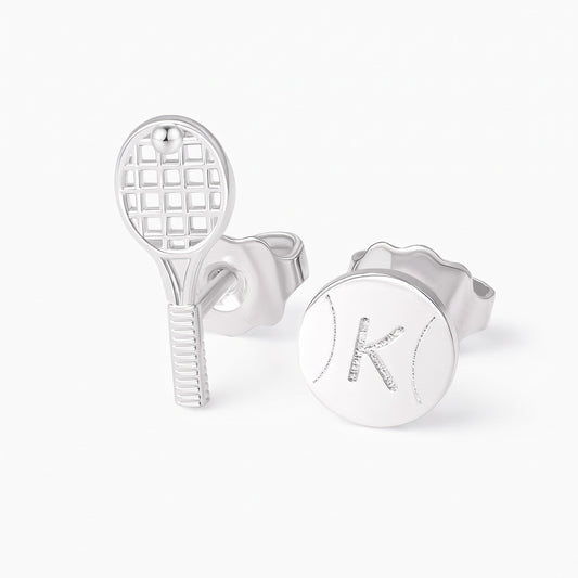 custom tiny tennis ball racket stud earrings with engraved initial