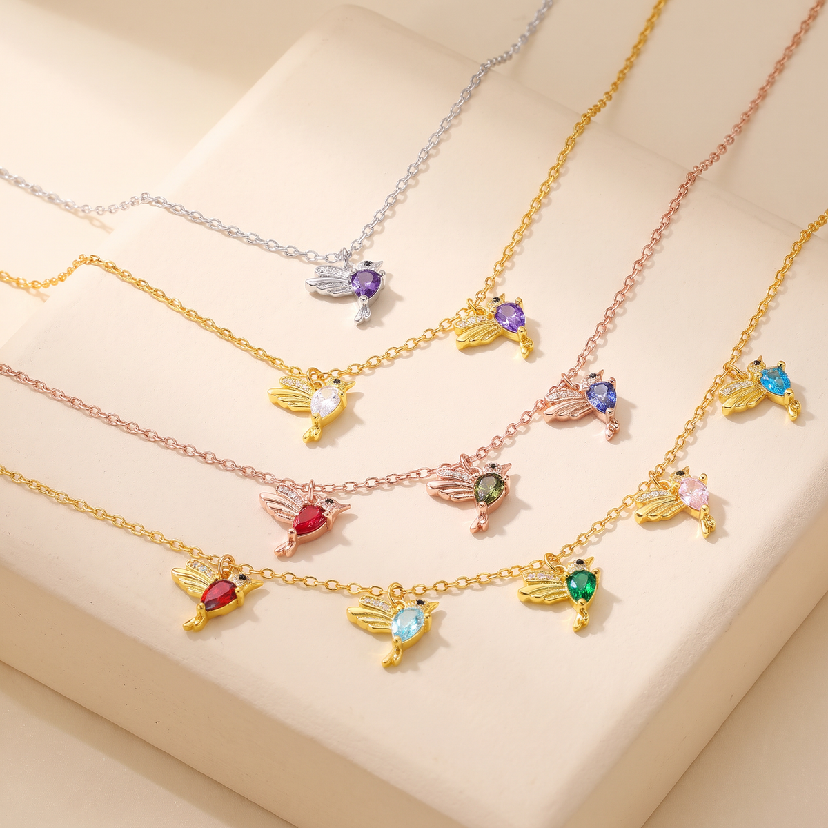 Personalized Hummingbirds Birthstones Necklace