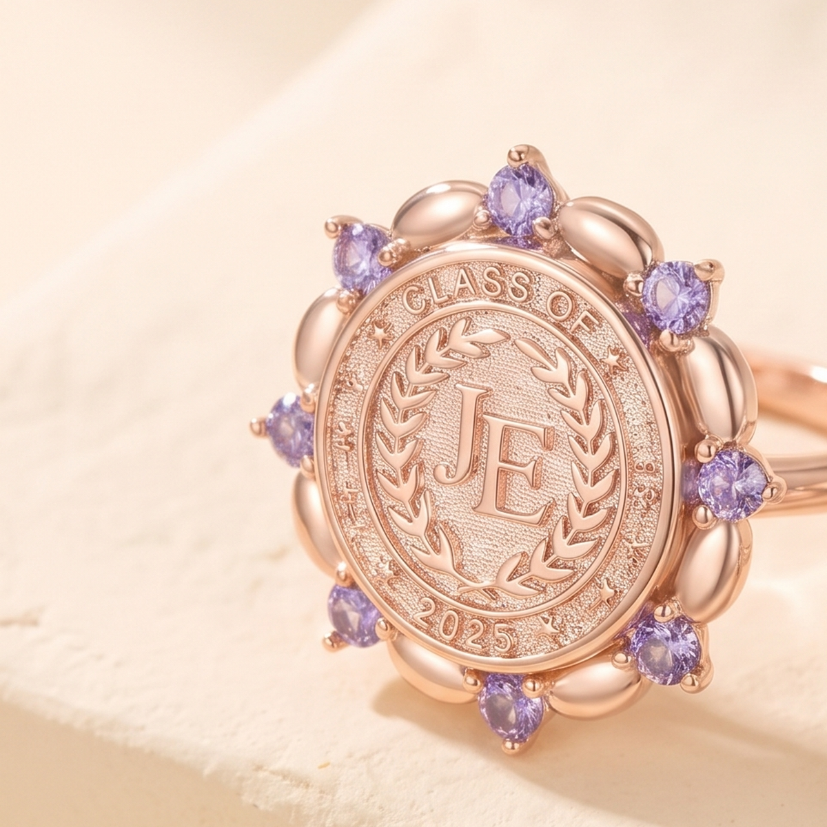 Personalized Initials Graduation Signet Ring with Birthstone