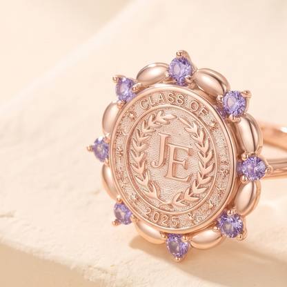 Personalized Initials Graduation Signet Ring with Birthstone