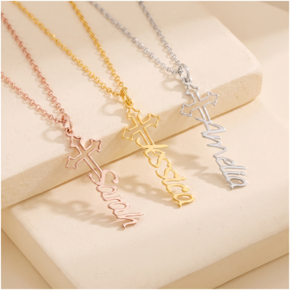 Custom Dainty Cross and Name Necklace